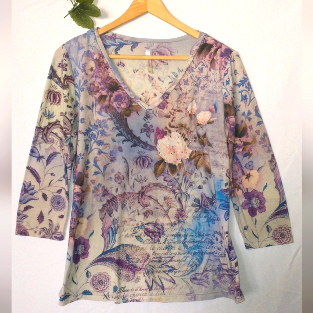 Y2K Vintage Forest Fairy Fairycore Floral V-Neck Women Top Oversized Small